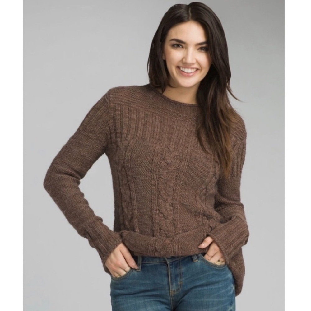 prAna Womens Anabel Cable Knit Wool Blend Tunic Sweater Scorched Brown Large